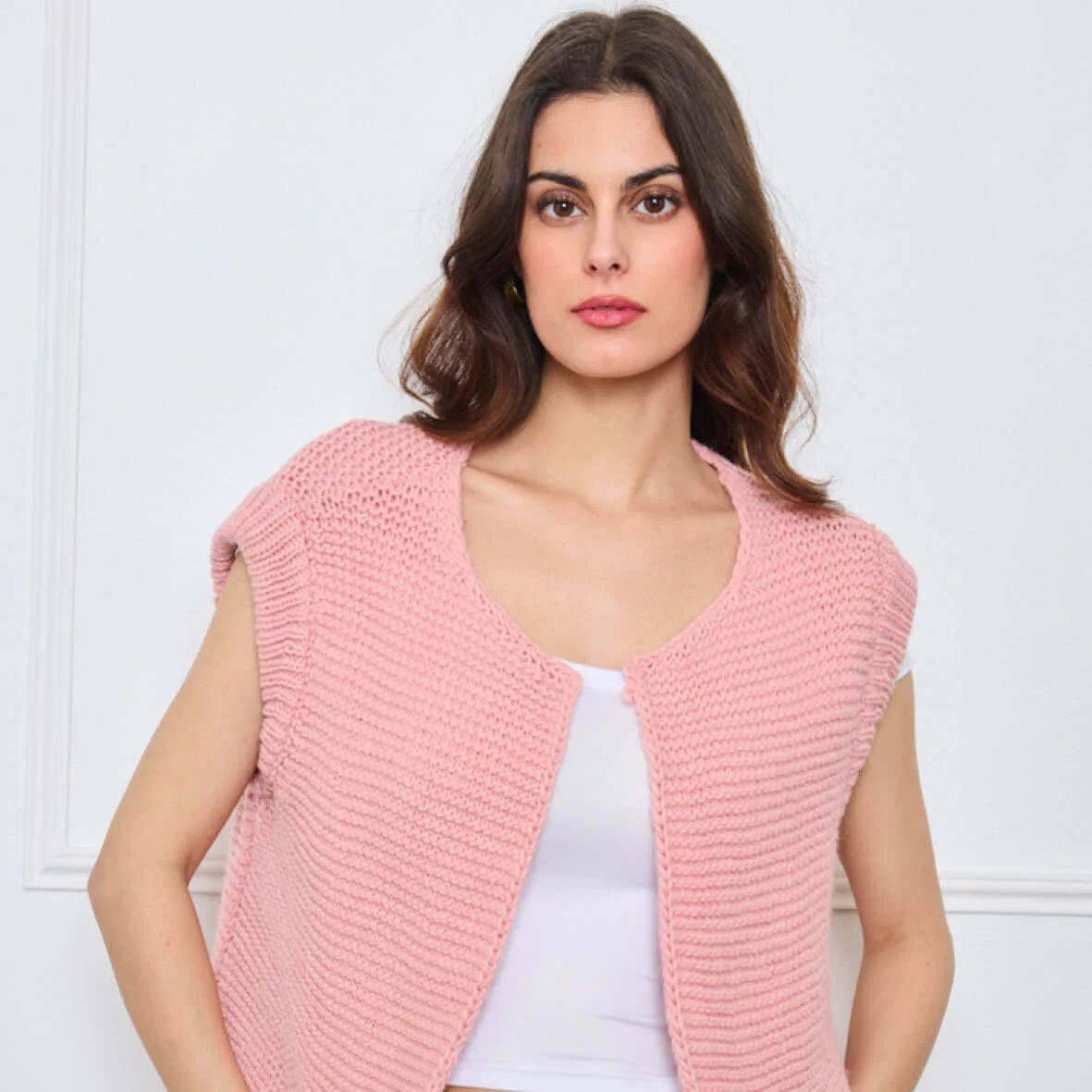 TRICOT SANS MANCHES THEOLINE ROSE CLAIR